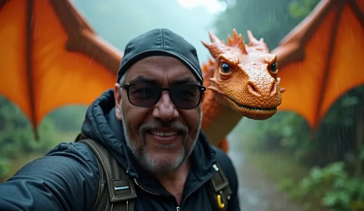  Composing a hyperrealistic selfie on a medium plane from different angles of a courageous 55-year-old full-bodied man with a very short, almost imperceptible white beard and black and dark RayBan wayfarer-like sunglasses,  dressed in a dark explorer team ...