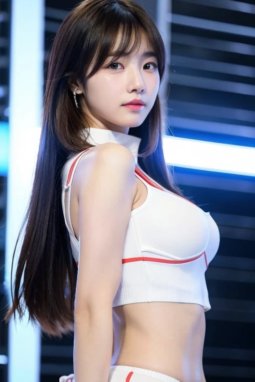 Korean girl whit blanck and long hair with bangs, in kpop cyber and technology concept photo