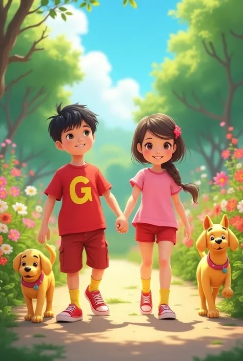 design , Boy little bald  ,  red t-shirt with letter G on the front, Red Bermuda Shorts,  yellow socks and red sneakers ,    black hair with a ponytail on its head,  pink blouse, red shorts,  yellow socks and pink sneakers , Little dog , yellow color, shor...