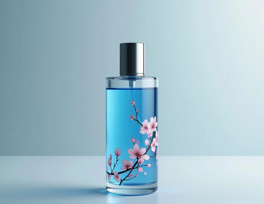 travel perfume bottle with blue liquid and with details on the cherry blossom bottle and metal cap