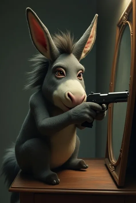 A mischievous donkey with malamdro style and a gun taking a selfie on a nightstand with a mirror