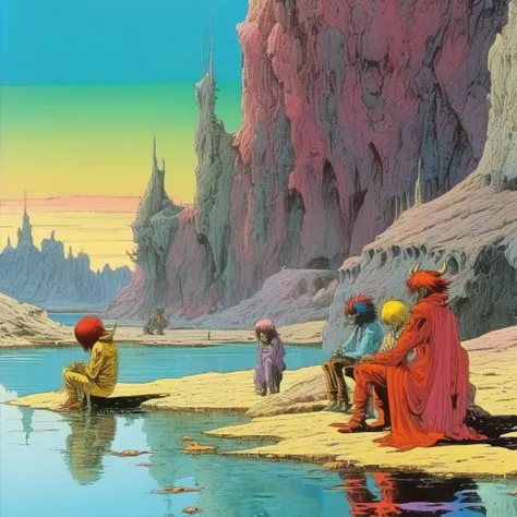 Mobis (Jean Giraud) Style - A picture by Jean Giraud Mobis, The picture shows a group of sad demons resting by the water, 巨大的水晶金字塔背景western backdrop in Mobis signature style with sharp detailing and vibrant colors. Shot with Panavision Panaflex Gold II and...