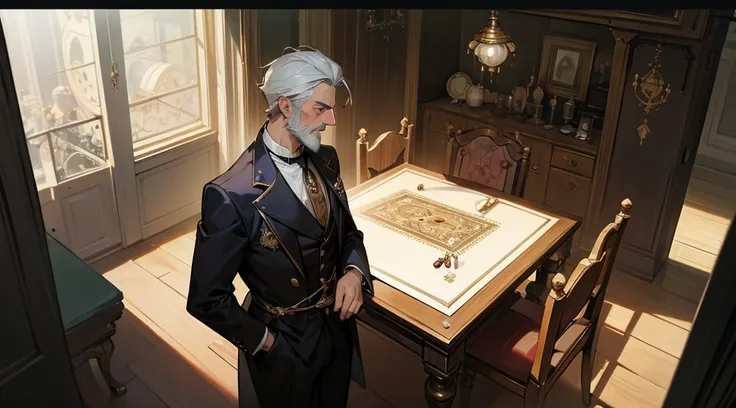 side view from above you can see a table, and behind it two men, the first is a handsome gentleman, gray hair, beautiful gray beard, black Victorian suit, Victorian steampunk style, garments with gold embroidery with Indian patterns, talking to a second ma...