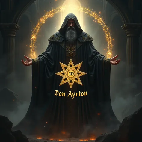 A powerful and mystical scene featuring King Solomon as a magician. He is wearing black robes, radiating an aura of wisdom and authority. In the center of the image, a prominent hexagram (six-pointed star) encloses the words Don Ayrton ∴ in bold, mystic le...