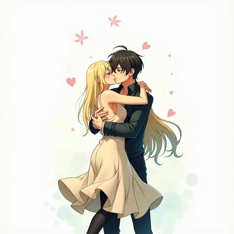 Black-haired, red-eyed man kissing with a woman with long blond hair anime version 