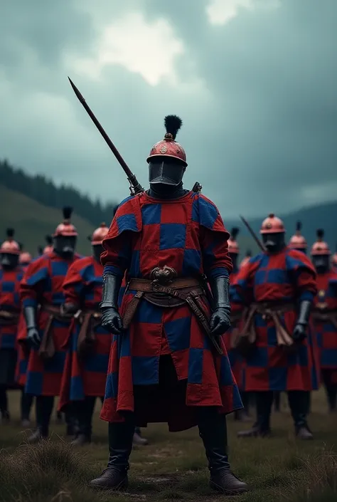 Musketeers wear red and blue checkered armor when the sky is cloudy 