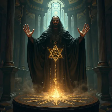 A powerful and mystical scene featuring King Solomon as a magician. He is wearing black robes, radiating an aura of wisdom and authority. In the center of the image, a prominent hexagram (six-pointed star) encloses the words Don Ayrton ∴ in bold, mystic le...