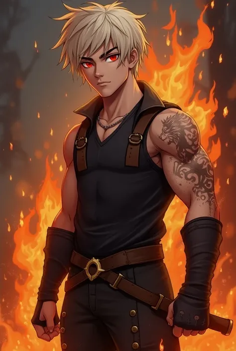 • Physical : high, muscular, with an athletic build.
• Hair:  Short, disheveled ash blonde ,  reminiscent of flames .
• Eyes:  bright red,  with a sharp and penetrating look .
• Outfit:  Prefers dark and comfortable clothing ,  such as leather and fire-res...