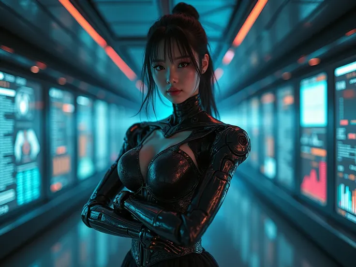 ((((looking at camera)))),(photorealistic, large-breast ),a beautiful girl, beautiful korea faceA fashion runway for alien technology ,Reveal full breasts,Big breasts, Cyberpunk fashion photography , Make-up with a world-class makeup artist , Inspired by C...