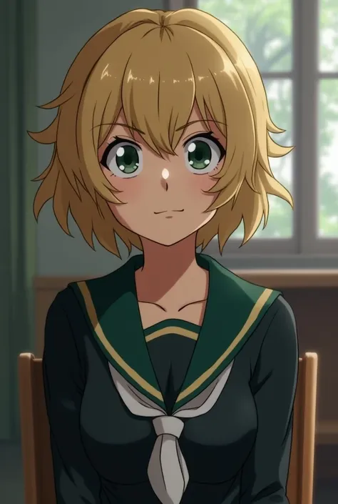 Screenshot of My Hero Academia of a woman with short, wavy, voluminous blonde brown hair and dark green eyes in the uniform of a ua sitting in a room and with a more or less masculine face that looks a bit like Deku