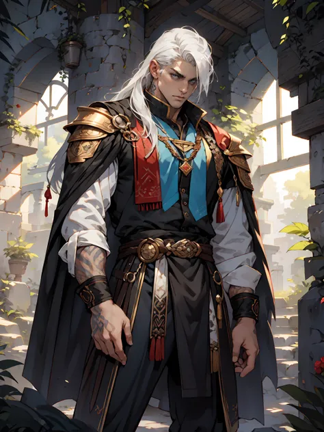 best quality , masterpiece, Ultra High Quality, high resolution,Handsome, tall, male, young, shoulder length hair, hair pushed back, white hair, strong jawline, grey eyes, no facial hair, black tunic, runes, runic tattoos, big bulge, bulge focus, large bul...