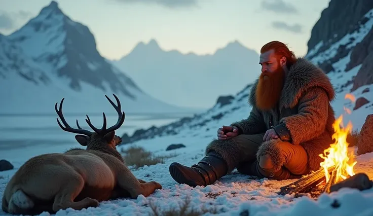 Viking man,redhead, red beard, in a hunting camp, strong man with a beard and long hair, wearing furs and wool, 10th century, in the tundra of Greenland, man sitting next to a fire with a freshly hunted stag nearby, snow-covered mountains in the background...