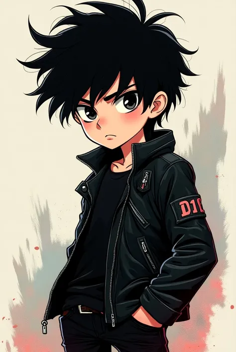 A 16-year-old black-haired boy in a cartoon 
Rock style 
With
Black clothing 