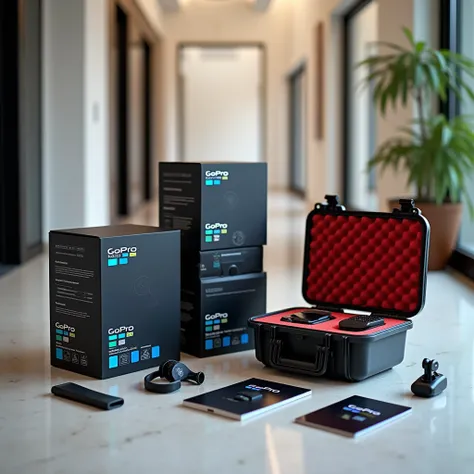 Brightly lit residential foyer with a modern, polished ambiance. Foreground: one GoPro MAX 360° kit displayed open on a protective, matte black storage case with a foam interior in deep red, styled to look high-tech and resilient. Accessories are organized...