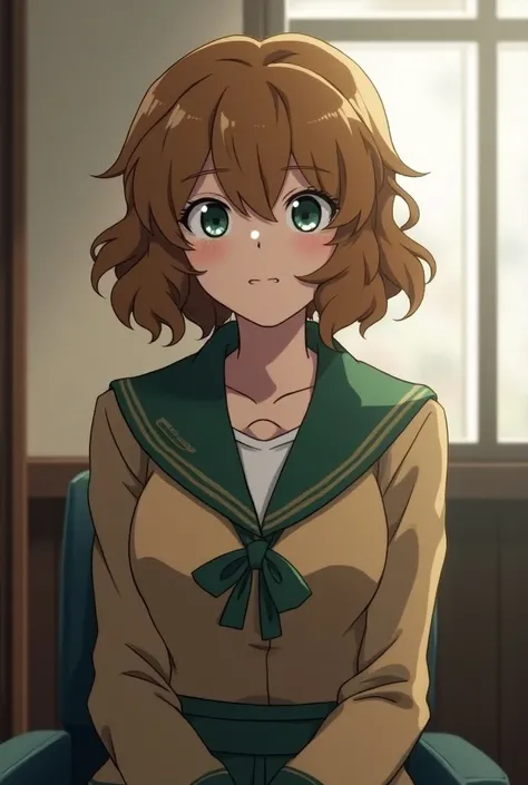 Screenshot of My Hero Academia of a woman with semi-short hair and very buluminous curlers of brown blonde color and dark green eyes in the uniform of the ua sitting in a room and with a more or less masculine face that looks a bit like Deku