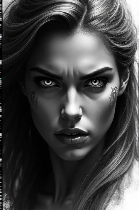 Create the face of an angrily faced Valkyrie, In black and white 