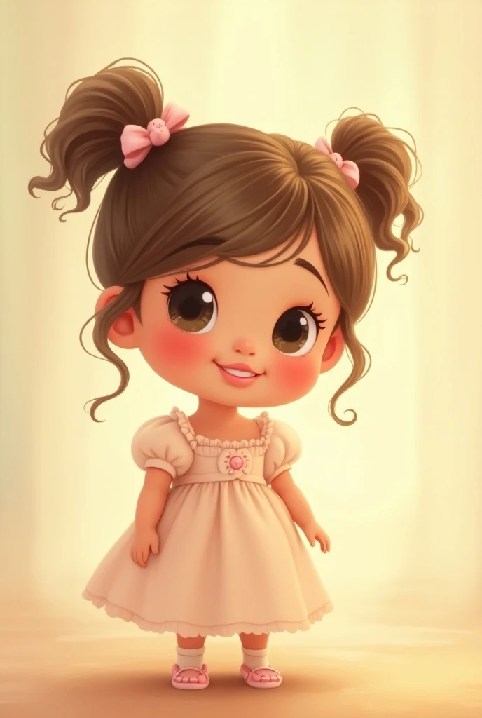 Disney image of a chubby three-year-old girl with pigtails, light brown hair, ribbon, big dark eyes, princess dress, big lips, hair on her forehead. 