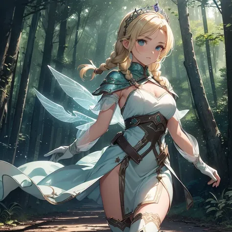 Masterpiece, HD, High Resolution, Best Quality, High Quality, High Details, Super Detailed. High fantasy genre, fantasy artwork. Solo character alone.
{{(A 16-years-old female-fairy-adventurer:(appearance: blonde-hair tied in 2-braids. Round nose. Very pre...