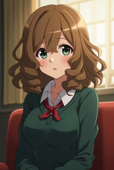 Screenshot of My Hero Academia of a woman with semi-short hair and very buluminous curlers of brown blonde color and dark green eyes in the uniform of the ua sitting in a room and with a more or less masculine face that looks a bit like Deku