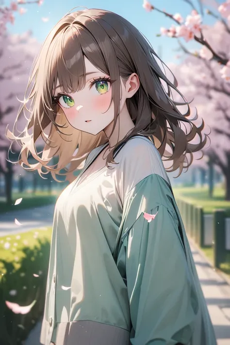 masterpiece, best quality, ultra-detailed, 8k, pastel colors, young beautiful japanese girl with milktea brown hair, green hazel eyes, light clothes, blurry background, spring season with sakura falling leaves in the background