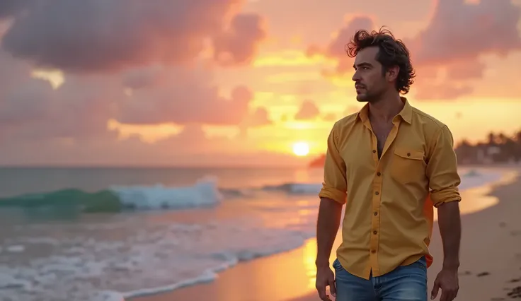 An ultra-realistic portrait of a man walking along a sandy beach at sunset, wearing a casual yellow shirt and blue shorts. His skin shows natural textures and subtle details, like faint freckles and soft stubble, with gentle shadows cast across his face fr...