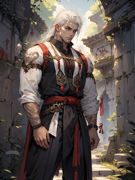 best quality , masterpiece, Ultra High Quality, high resolution,Handsome, tall, male, young, shoulder length hair, hair pushed back, white hair, strong jawline, grey eyes, no facial hair, black tunic, runes, runic tattoos, big bulge, bulge focus, large bul...