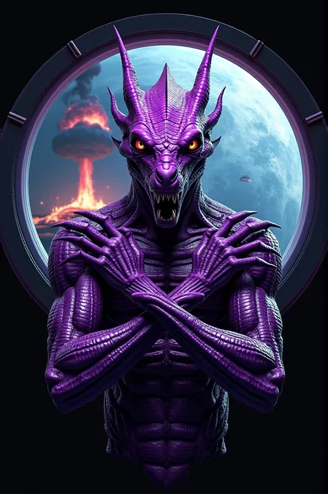 Cyber Punk 3d design .  A humanoid with reptilian features and purple color ,  with a penetrating diabolical gaze .  He is in his spaceship ,  is of a reptilian race .  The arms must be crossed in the shape of an axis .  With one hand on each shoulder and ...