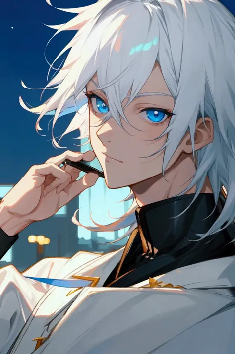 Anime of a pretty boy with white hair and blue eyes, background park, autophoto, selfie, night, background light