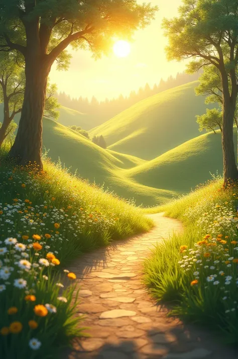 A path with a sunny landscape that radiates peace 