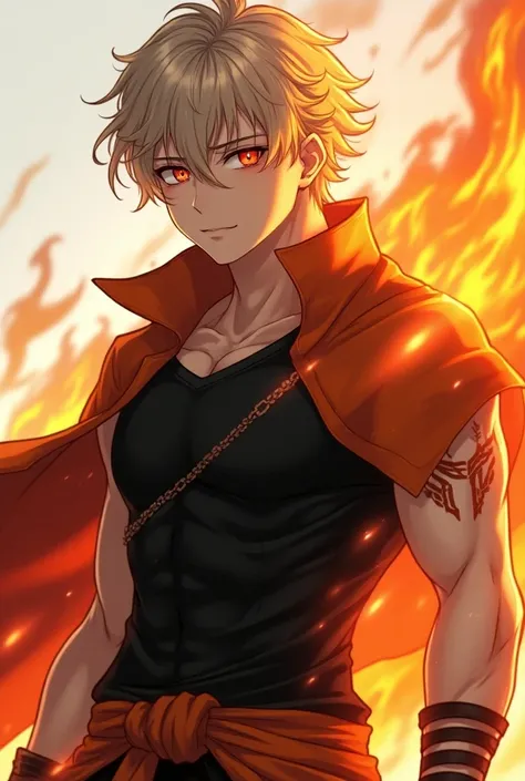 • Physical : high, muscular, with an athletic build.
• Hair:  Short, disheveled ash blonde ,  reminiscent of flames .
• Eyes:  bright red,  with a sharp and penetrating look .
• Outfit: Do you prefer comfortable black and orange clothing? 
• Distinctive fe...