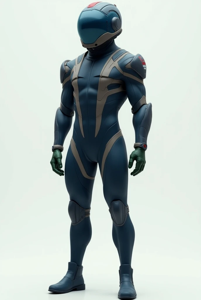  The image shows a futuristic character dressed in a tight racing suit with a simple design,  in shades of dark blue , , and grey.  The character wears a dark blue helmet with gray details and a small red accent on the forehead .  The helmet has a blue vis...