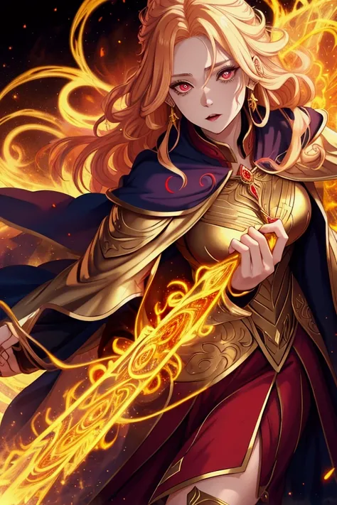 wizard woman, red eye color , cold face , golden hair , divine outfit, the background is tempest