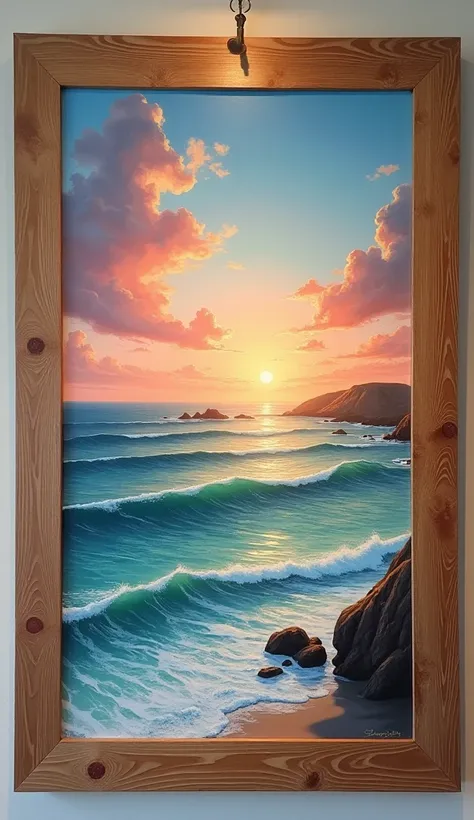 A beautiful wooden picture with frames painted an ocean at sunset.
