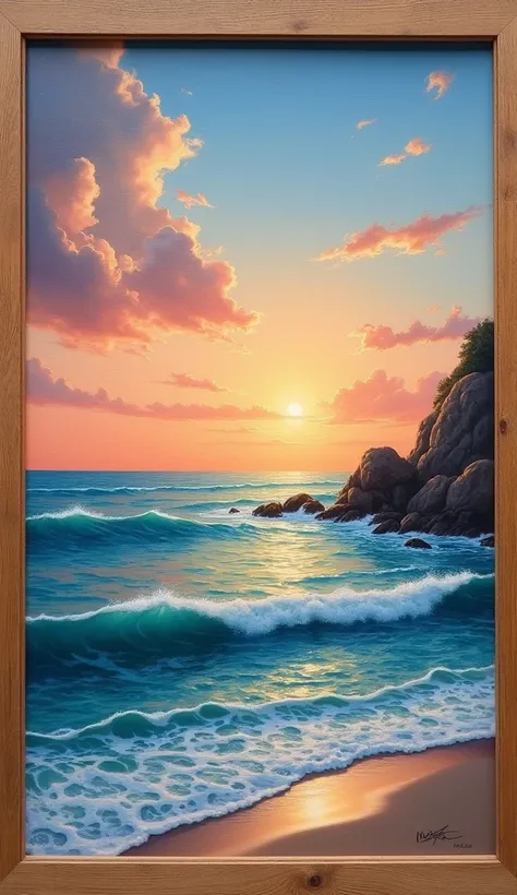 A beautiful wooden picture with frames painted an ocean at sunset.
