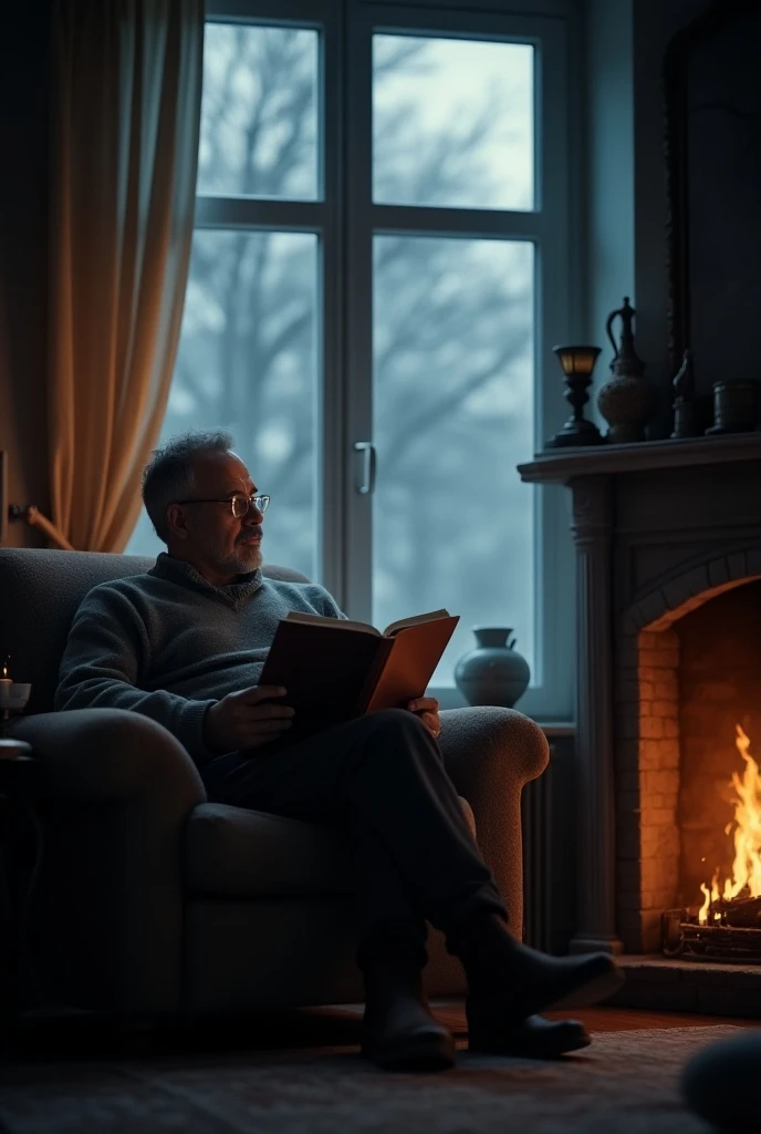 A man reading a book next to a fireplace and a window where a murderer with a gun appears 