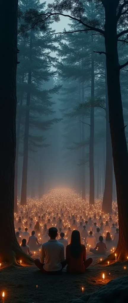 A mystical nighttime scene in a dense forest, viewed from an elevated angle. A vast crowd of meditators—hundreds of people—sits on the forest floor, creating a sea of peaceful figures illuminated by the warm glow of candles. in foreground a couple sits tog...