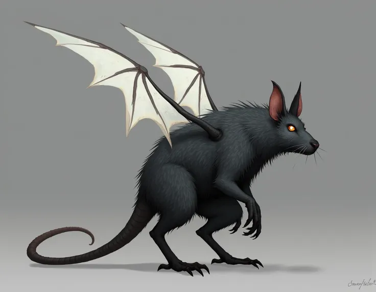  creates for me an image according to this description :  The Morcerato is a hybrid creature the size of a large rat of 4 meters in height,  with white translucent bat wings , dark gray coat ,  large eyes and pointed ears .  It has front legs for grasping ...