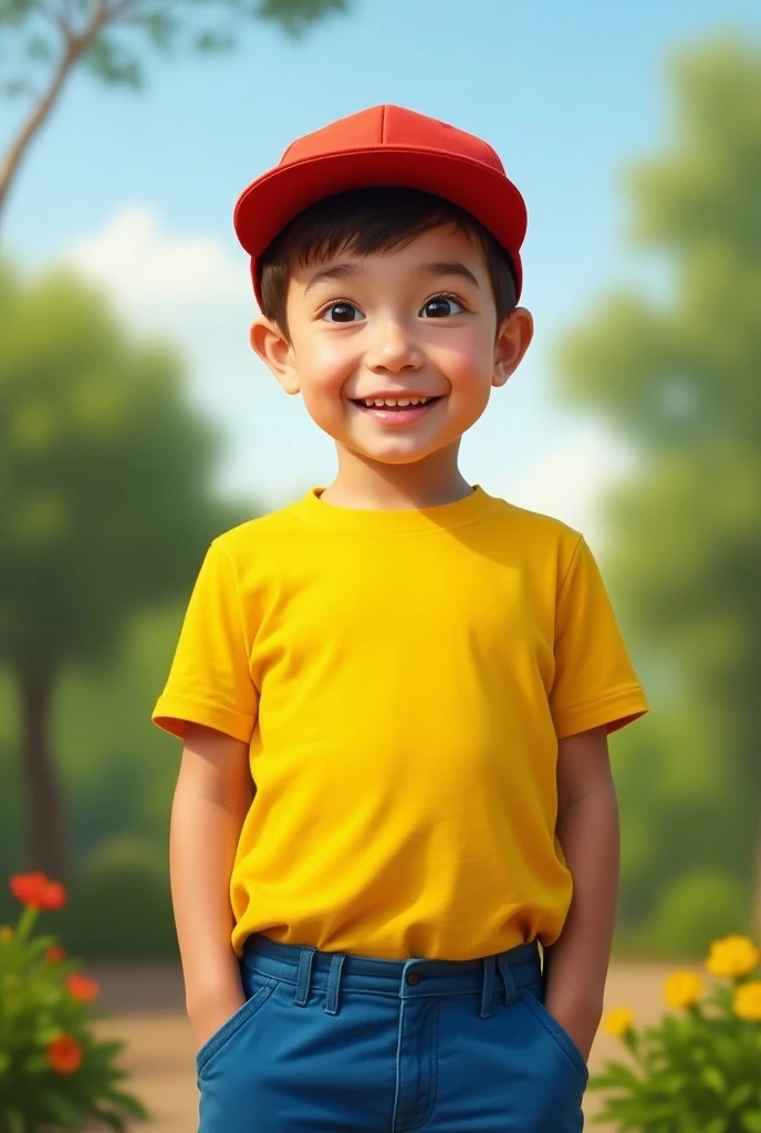 Boy in yellow T-shirts with a blue trousers a red cap realistic photo