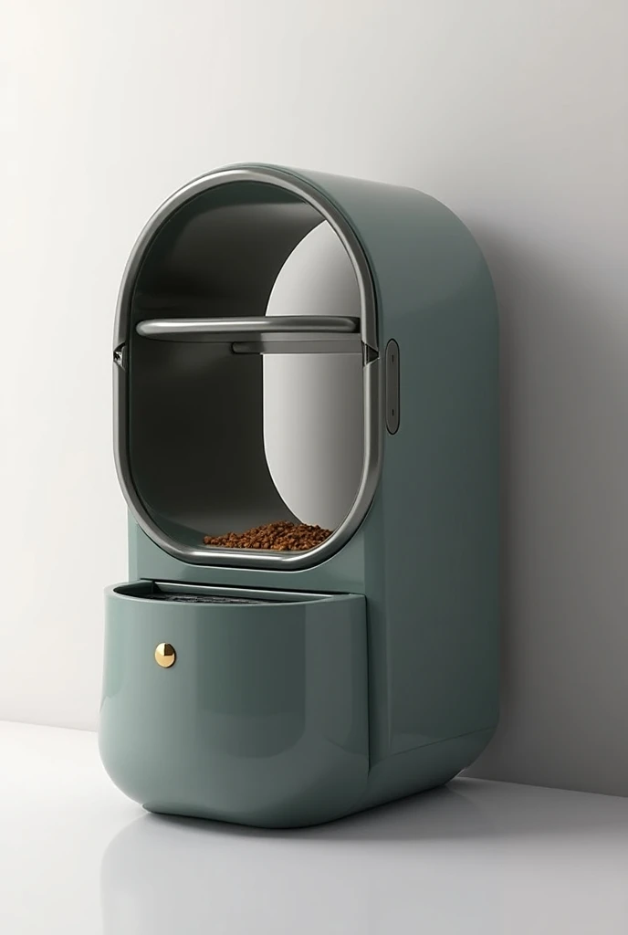  small circular dog food storage and dispenser machine, with several horizontal holes , modern and avant-garde , futurist, modern