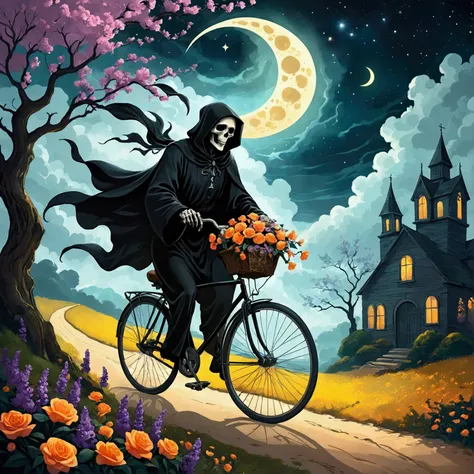 Create a surreal digital painting showcasing a captivating figure of death, interpreted as the grim reaper, riding a bicycle adorned with blossoms under the glow of a crescent moon bearing the likeness of a human face. The scene features elements of fluidi...