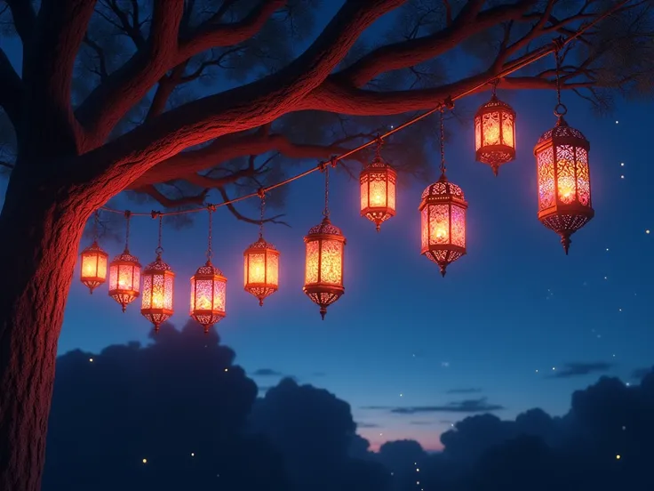 A row of traditional Ramadan lanterns glowing in bright colors, hanging from a peaceful tree with the night sky in the background, creating a festive atmosphere.