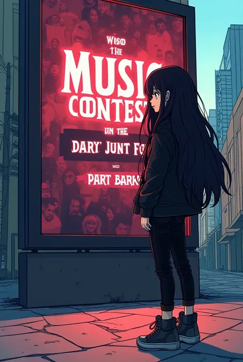 A 16-Year-Old Girl With Black Hair in a cartoon 
Rock style 
With
Black clothing 
Seeing an ad on the street about 
New bands for the contest 