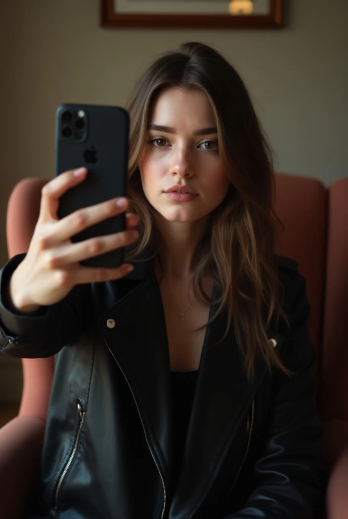 Young woman with brown hair wearing a black leather jacket taking a selfie with a black iPhone in a room of a house sitting on a chair