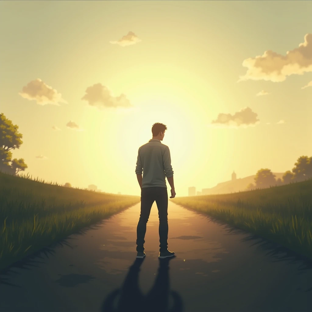 An image of a man with his back looking at the horizon,  symbolizing the future ,  with soft light in the background and a shadow cast in front of them .  The image may have an open road or path ahead , representing opportunities ,  while the shadow reflec...