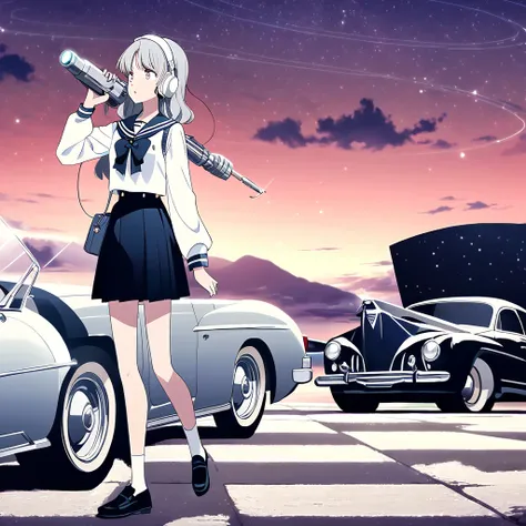 
A beautiful Japanese girl wearing a sailor suit stands in front of a large black American car from the 1940s. She is crying,She is wearing a black miniskirt. She is wearing white socks. She has a heat ray gun. She wears fashion from luxury brands. She is ...