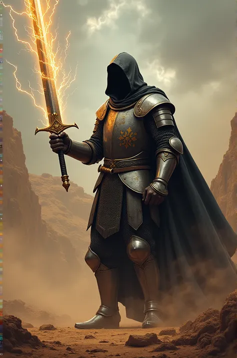  A hooded knight from the Extremadura desert,  Pardo Knight in Leóns jurisdiction ,  Villain-Knight of Castile  , face covered , reconquista ,  a mighty sword in his hands spewing lightning 