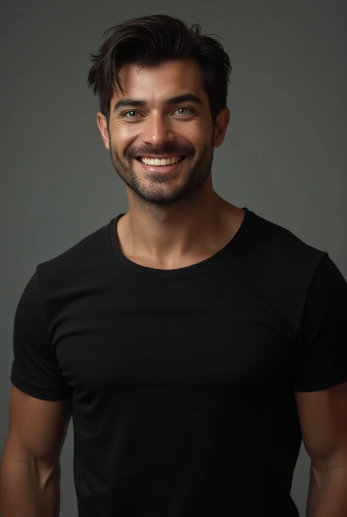 Man dark hair grinning blue eyes black t-shirt muscles sexy