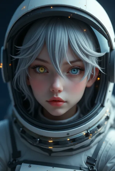 (A close-up of a better masterpiece:1.5)0.9], (Space and astronauts:1.2) (Messy silver hair:1.1) ( heterochromia xanthochromia and blue eyes:1.2) (Raumhelm:1.0) (Colored stars in the eyes:1.0) (A radiant shine:1.1) ( full lips:0.9)