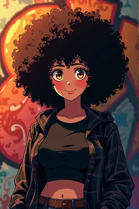 ( best quality ),(masterpiece), ( extremely detailed 8k wallpaper ), ultra-detailed, cinematic lighting ,  Detailed light , best shade,  dynamic angle,  1 girl,Alone, light skin, a cartoon image of a tanned woman with a big afro hair with frizzy hair weari...