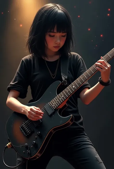 A 16-Year-Old Girl With Black Shoulder-Length Hair in a drawing 
Rock style 
With
Black clothing 
Playing guitar 